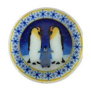 Peggy Karr Penguin Family Snowflake 11" Fused Glass Plate IOB Retire winter snow